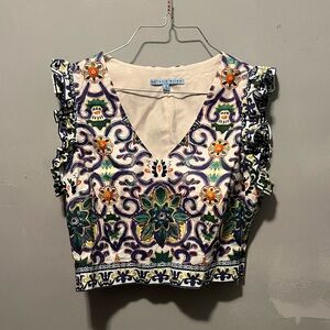 ANTONIO MELANI White Cropped V-Neck Top with Multicolor Print
